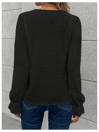 Women's Swiss Dots Lace Trim Blouse V Neck Long Sleeve Top