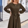 Womens Long Sleeve Casual Dresses 2025 Business Work Teacher Fall Church Belted A Line Flowy Midi Dress