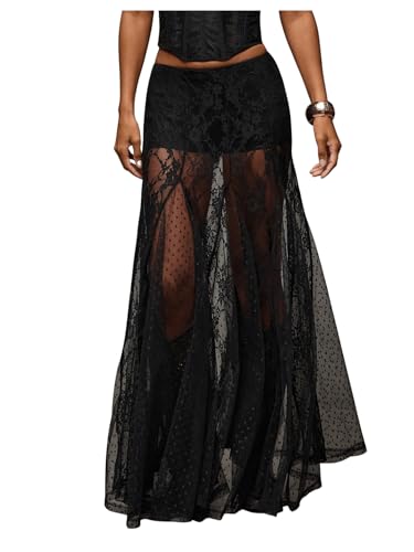 Women's Sexy See Through Sheer Lace Maxi Skirt Low Waist Ruffle Hem A Line Flowy Skirt