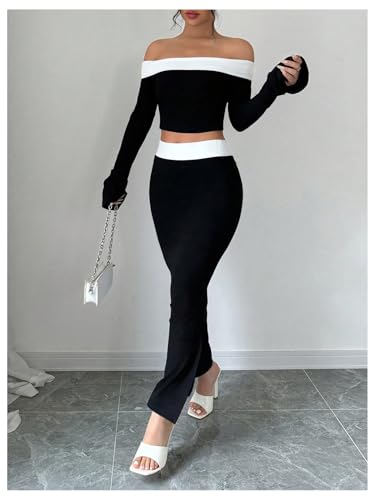 Women's 2 Piece Split Fishtail Skirt Set Monochrome Off Shoulder Top Outfit
