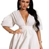 Women's Deep V Neck Puff Sleeve High Rise Flare Dress Elastic Waist Dress