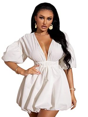 Women's Deep V Neck Puff Sleeve High Rise Flare Dress Elastic Waist Dress