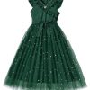 Girl's V Neck Ruffle Sleeve A Line Dress High Waist Mesh Tulle Dress