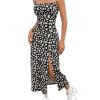 Women's Floral Print Split Thigh Midi Cami Dress Square Neck High Waist Slim Fit Summer Dress