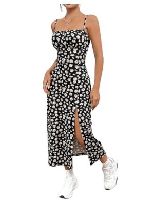 Women's Floral Print Split Thigh Midi Cami Dress Square Neck High Waist Slim Fit Summer Dress