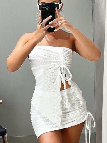 Women's 2 Piece Outfits Strapless Drawstring Front Ruched Crop Tube Top and Bodycon Skirt Set