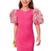 Girl's Ribbed Mesh Short Puff Sleeve Cute Birthday Party Pencil Mini Dress