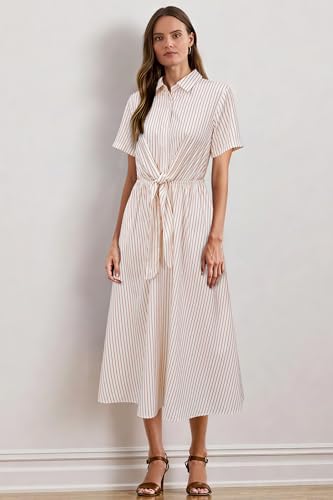 Womens Wear to Work Teacher Business Casual Outfits Long Dresses Tie Waist Shirt Dress Attire with Pockets