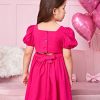 Toddler Girl's Square Neck Short Puff Sleeve A Line Flared Tie Back Cute Mini Dress