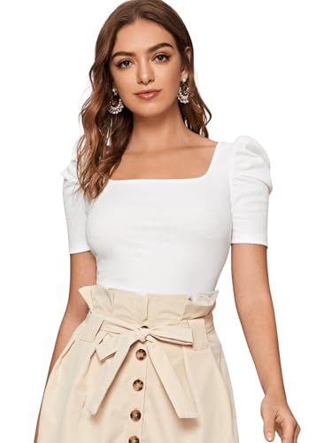 Women's Puff Sleeve Square Neck Short Sleeve Elegant Tee Top