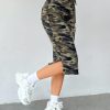 Women's Camo Print High Waist Skinny Midi Skirts Split Side Drawstring Waist Hip Skirt