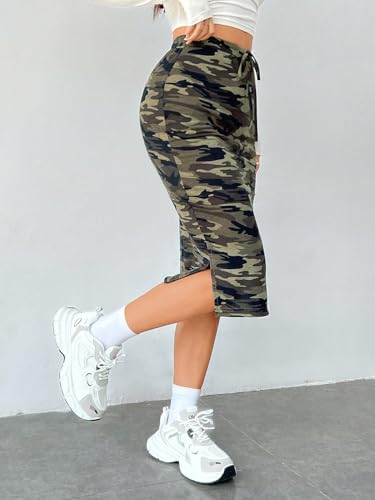 Women's Camo Print High Waist Skinny Midi Skirts Split Side Drawstring Waist Hip Skirt