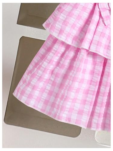 Girl's 2 Piece Bow Outfits Cute Short Sleeve T Shirts and Layered Ruffle Plaid Skirt Set