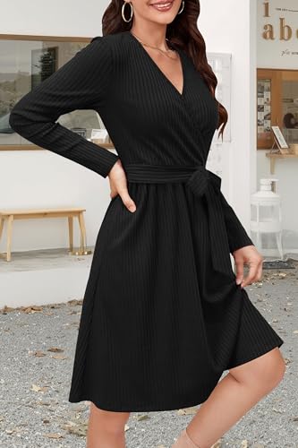 Womens 2025 Fall Dresses Teacher Church Business Casual Work Outfits Knit Midi Sweater Pockets Belt Dress