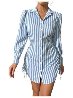 Women's Striped Button Down Drawstring Side Dress Long Sleeve Collared Smocked Shirt Dresses