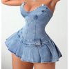 Women's Strapless Pleated Mini Denim Dress Party Club Corset Tube Dresses