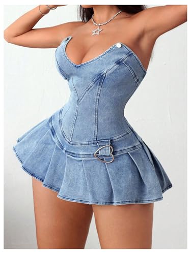 Women's Strapless Pleated Mini Denim Dress Party Club Corset Tube Dresses