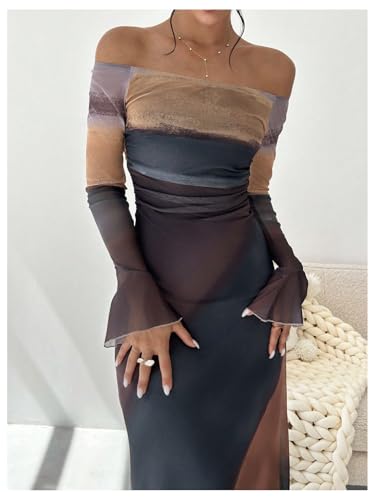 Women's Off Shoulder Long Bell Sleeve Dress Printed Ruched Dresses