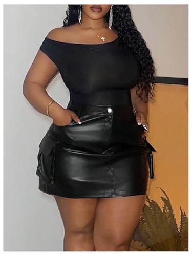 Women's Plus Size PU Leather Mini Skirt High Waisted Flap Pocket Cargo Skirt
