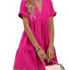 Women's Roll Up Short Sleeve V Neck Ruffle Hem Solid Swing Smock Dress
