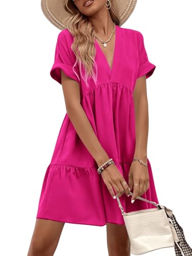 Women's Roll Up Short Sleeve V Neck Ruffle Hem Solid Swing Smock Dress