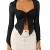 Women's Long Sleeve Front Tie Top Sexy Mesh Bell Sleeve Shirt