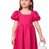 Toddler Girl's Square Neck Short Puff Sleeve A Line Flared Tie Back Cute Mini Dress