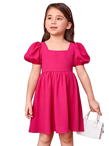 Toddler Girl's Square Neck Short Puff Sleeve A Line Flared Tie Back Cute Mini Dress