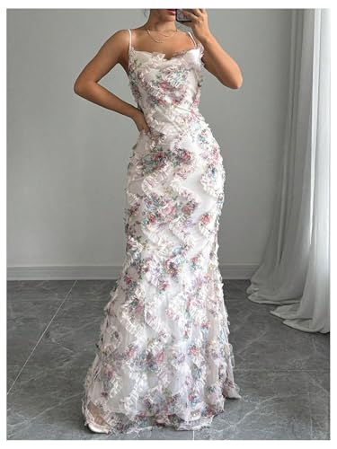 Women's Floral Mesh Bodycon Maxi Dress Frill Trim Sleeveless Fishtail Cami Dresses