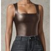 Women's PU Leather Bodysuit Tank Tops Square Neck Sleeveless Slim Fit Leotard Top