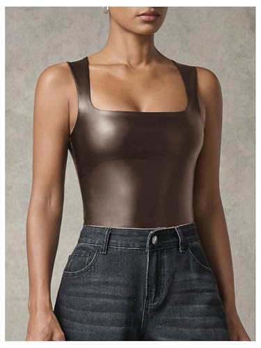Women's PU Leather Bodysuit Tank Tops Square Neck Sleeveless Slim Fit Leotard Top