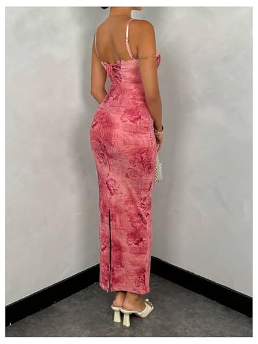 Women's Floral Print Sleeveless Bodycon Dress Lace Up Split Back Long Cami Dress