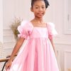 Girl's Mesh Short Puff Sleeve Square Neck High Waist Flared Hem Zipper A Line Dress
