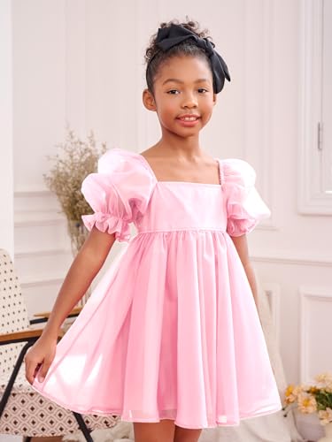 Girl's Mesh Short Puff Sleeve Square Neck High Waist Flared Hem Zipper A Line Dress