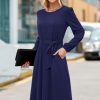 Womens Long Sleeve Casual Dresses 2025 Business Work Teacher Fall Church Belted A Line Flowy Midi Dress