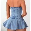 Women's Strapless Pleated Mini Denim Dress Party Club Corset Tube Dresses