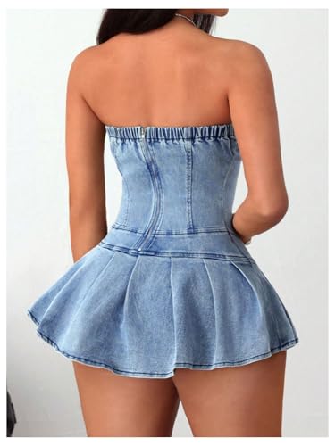 Women's Strapless Pleated Mini Denim Dress Party Club Corset Tube Dresses