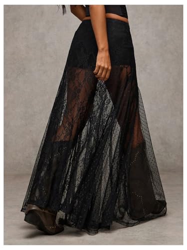 Women's Sexy See Through Sheer Lace Maxi Skirt Low Waist Ruffle Hem A Line Flowy Skirt