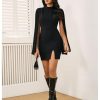 Women's Mock Neck Pleated Cloak Long Sleeve Split Hem Cocktail Bodycon Cape Dress