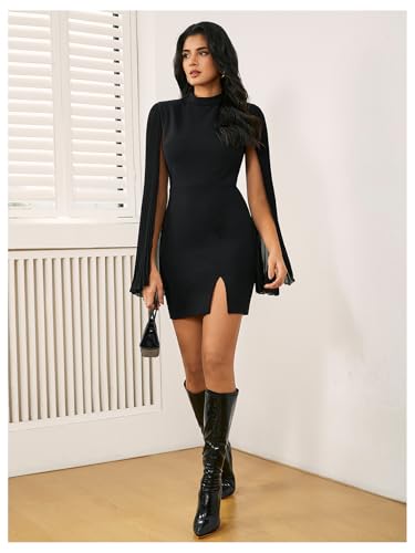 Women's Mock Neck Pleated Cloak Long Sleeve Split Hem Cocktail Bodycon Cape Dress