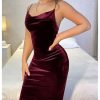 Women's Cowl Neck Bodycon Cami Dress Spaghetti Strap Party Cocktail Midi Velvet Dress