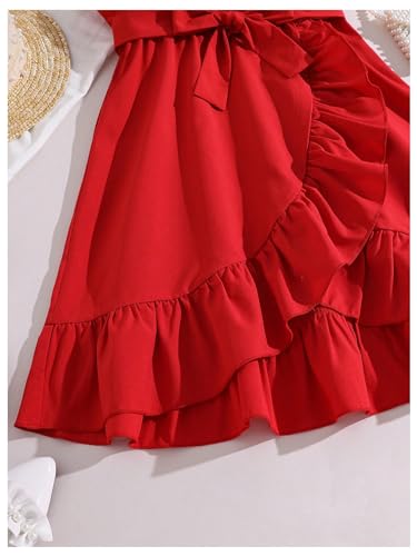 Girl's Ruffle Trim Wrap V Neck Sleeveless Dress Party Belted A Line Dresses