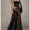 Women's Sexy See Through Sheer Lace Maxi Skirt Low Waist Ruffle Hem A Line Flowy Skirt