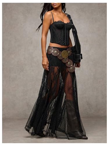 Women's Sexy See Through Sheer Lace Maxi Skirt Low Waist Ruffle Hem A Line Flowy Skirt