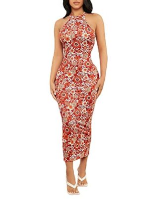 Women's Floral Print Halter Neck Sleeveless Bodycon Pencil Long Dresses