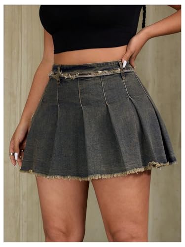 Women's Plus Size Pleated Mini Denim Skirt Y2k Frayed Hem A Line Skirt