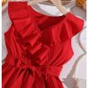 Girl's Ruffle Trim Wrap V Neck Sleeveless Dress Party Belted A Line Dresses