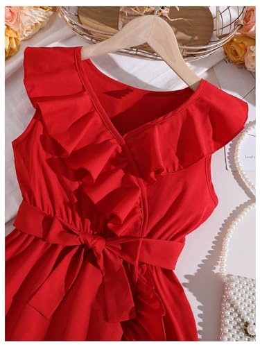 Girl's Ruffle Trim Wrap V Neck Sleeveless Dress Party Belted A Line Dresses