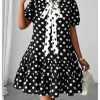 Women's Plus Size Polka Dots Bow Tie Short Dress Puff Sleeve Ruffle A Line Dresses