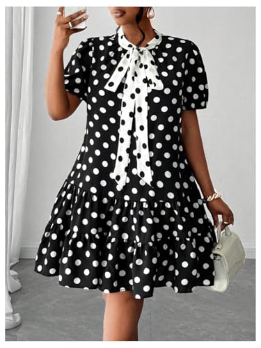 Women's Plus Size Polka Dots Bow Tie Short Dress Puff Sleeve Ruffle A Line Dresses